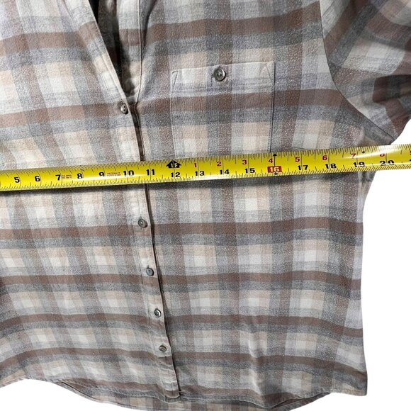 LL Bean Womens Small Plaid Flannel Button Up Shirt Band Collar Soft Beige Brown - Picture 11 of 12